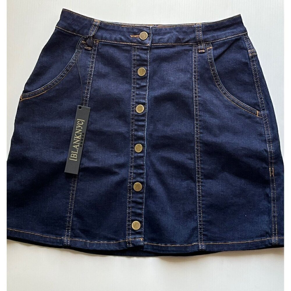 Blank NYC Womens Blue Denim Button Flared Mini Jean Skirt Size 28
